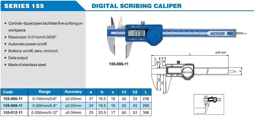 Accud Dijital Çizici Kumpası 155-008-11 Model Tablosu