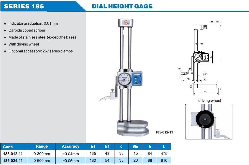 Accud Saatli Yükseklik Mihengiri 300mm | 185-012-11 Model Tablosu