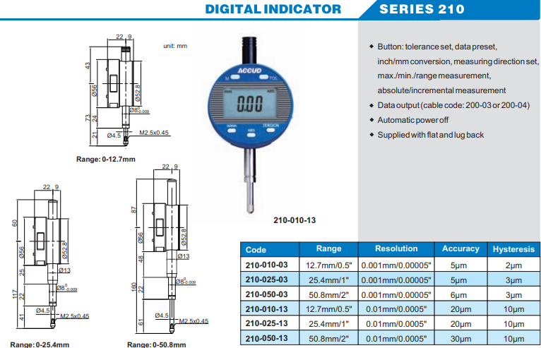 Accud Mekanik Komparatör Saati 12.7-50.8mm 210 Serisi