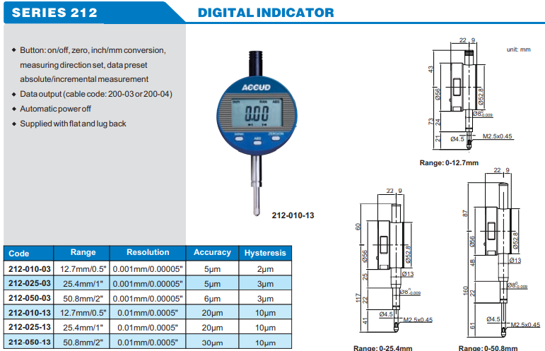 Accud Dijital Komparatör Saati 12.7-50.8mm 212 Serisi