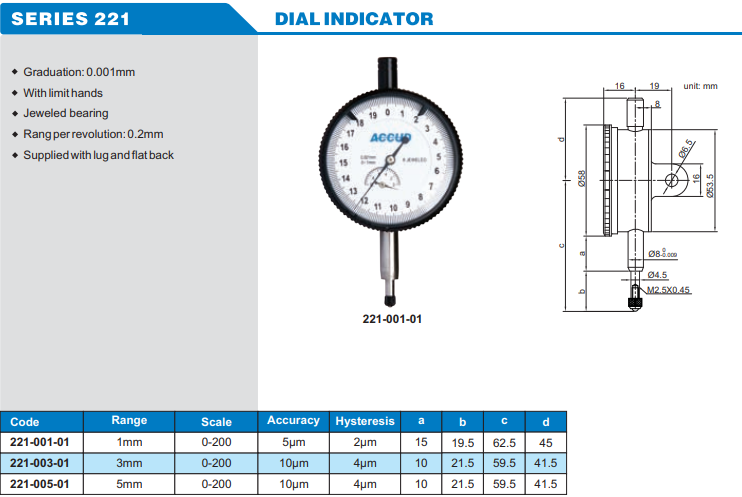 Accud Mekanik Komparatör Saati 1-5mm 221 Serisi