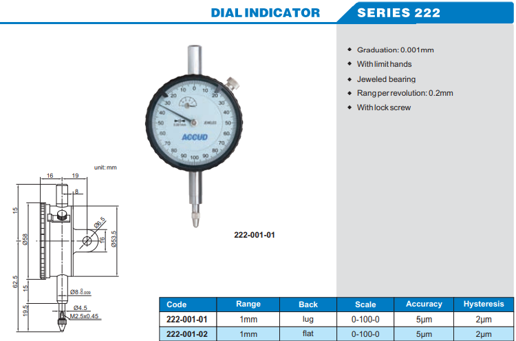 Accud Mekanik Komparatör Saati 1mm 222 Serisi