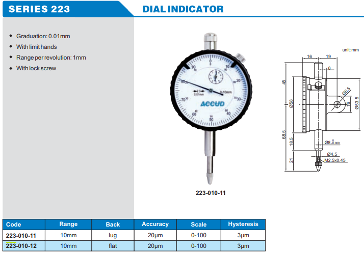 Accud Mekanik Komparatör Saati 10mm 223 Serisi