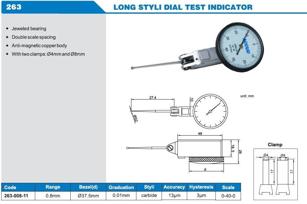 Accud Uzun Uçlu Salgı Komparatörü 0.8mm 263 Serisi