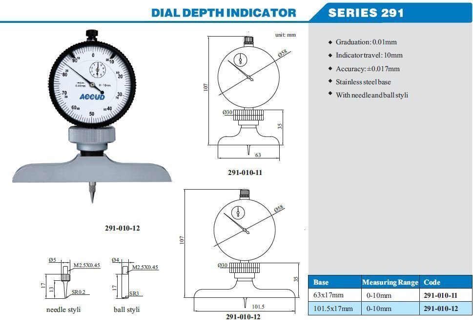 Accud Mekanik Derinlik Komparatörü Saati 0-10mm 291 Serisi