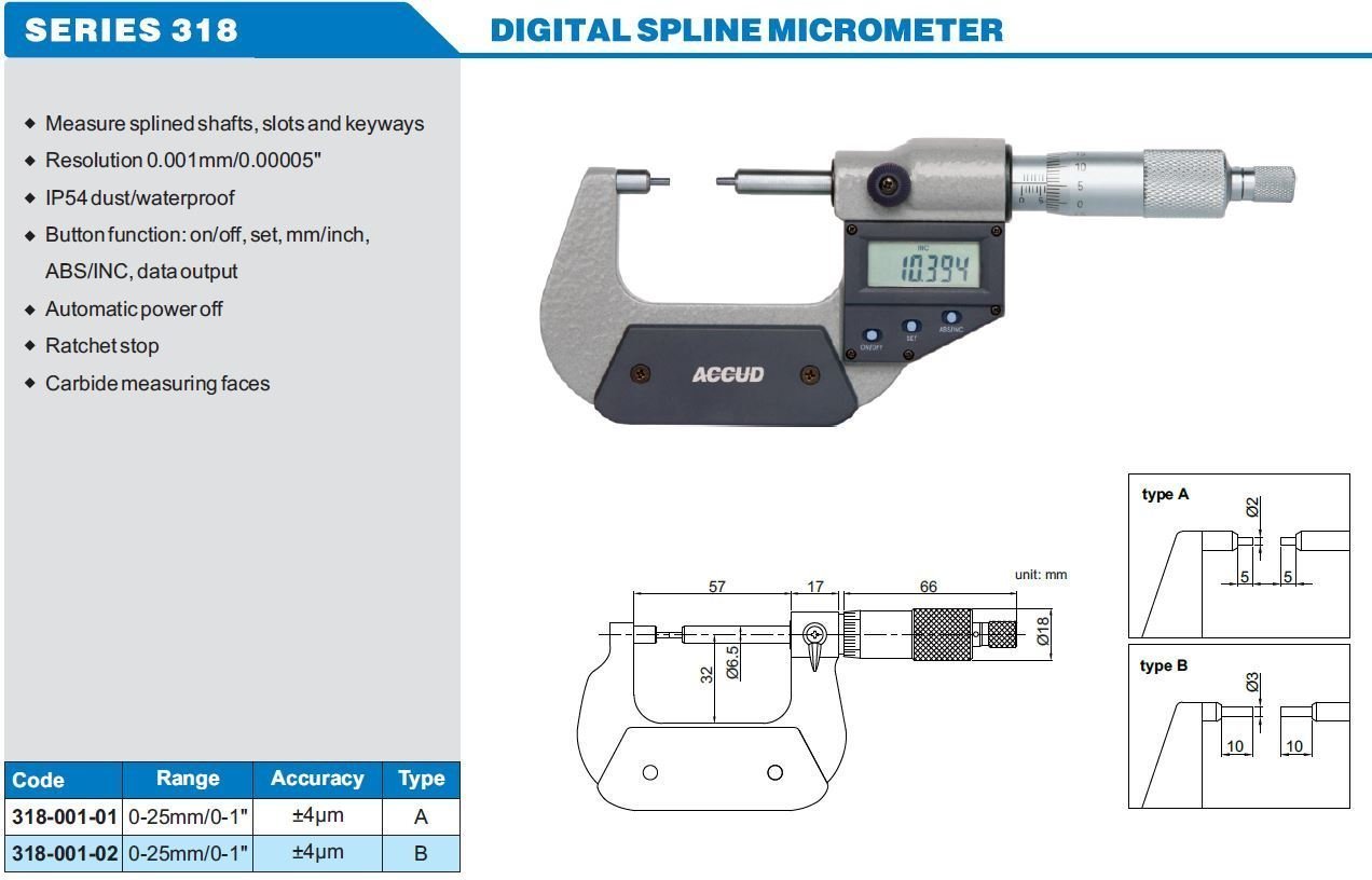 Accud Dijital Pim Uçlu Mikrometre 0-100mm 318 Serisi