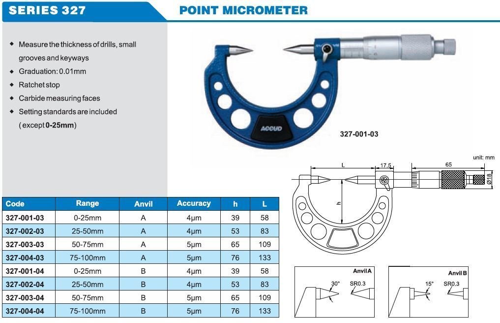 ACCUD Mekanik Nokta Uçlu Mikrometre 0-100mm 327 Serisi