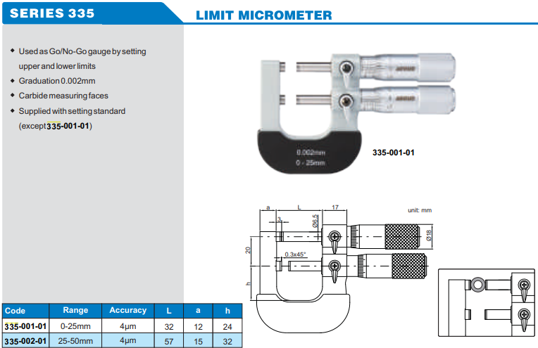 Accud Limit Mikrometresi 0-50mm 335 Serisi