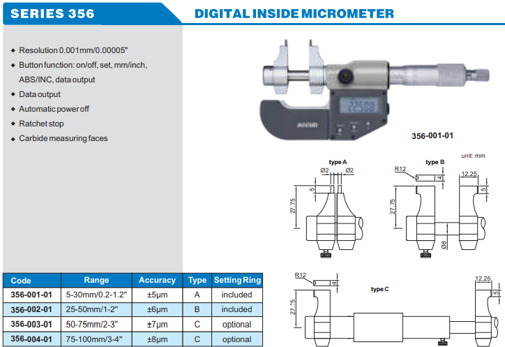 Accud Dijital İç Çap Mikrometresi 5-100mm 356 Serisi 