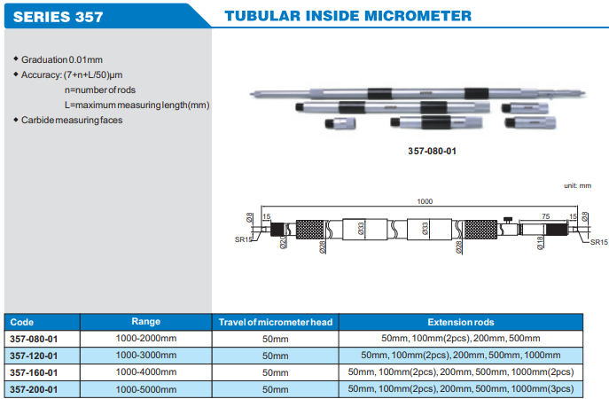 Accud Boru Tip İç Çap Mikrometresi 1000-5000mm 357 Serisi