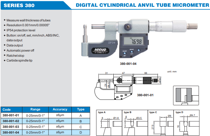 Accud Dijital Silindirik Uçlu Boru Et Kalınlığı Mikrometresi 0-25mm 380 Serisi