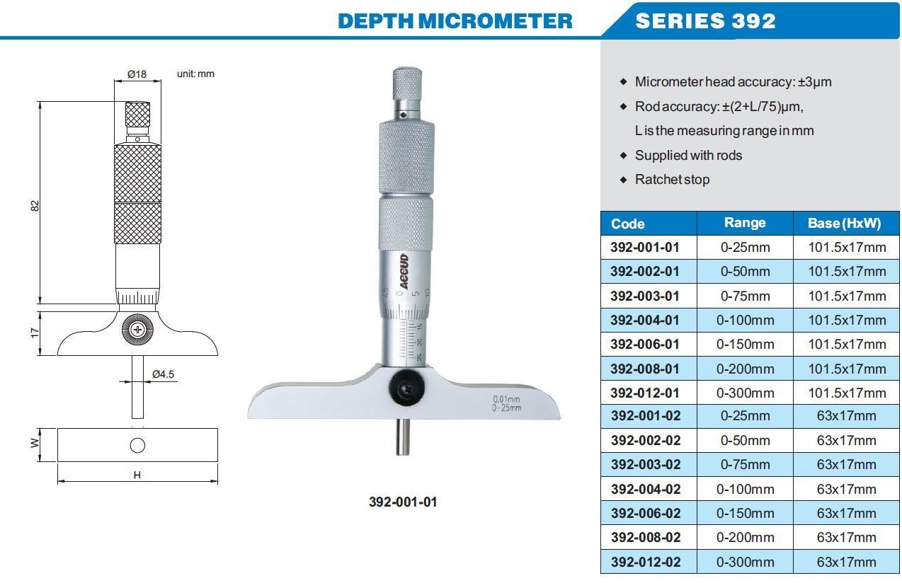 Accud Derinlik Mikrometresi 0-300mm 392 Serisi