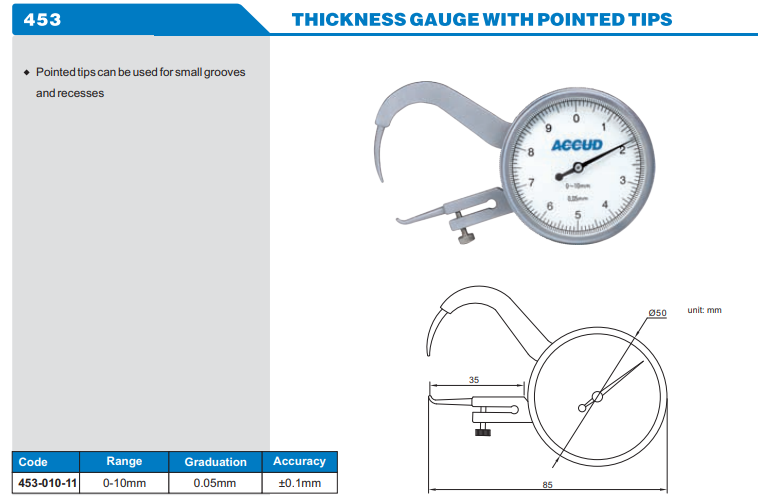Accud Nokta Uçlu Kalınlık Komparatörü 0-10mm 453 Serisi Ürün Tablosu