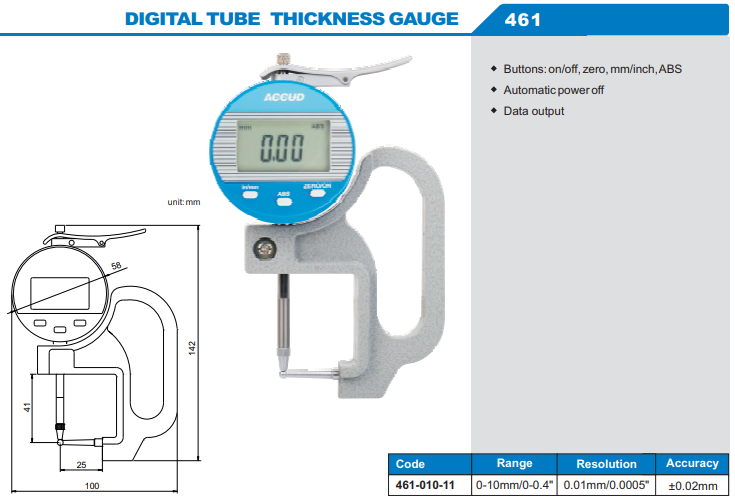 Accud Dijital Boru Kalınlık Komparatörü 0-10mm 461 Serisi
