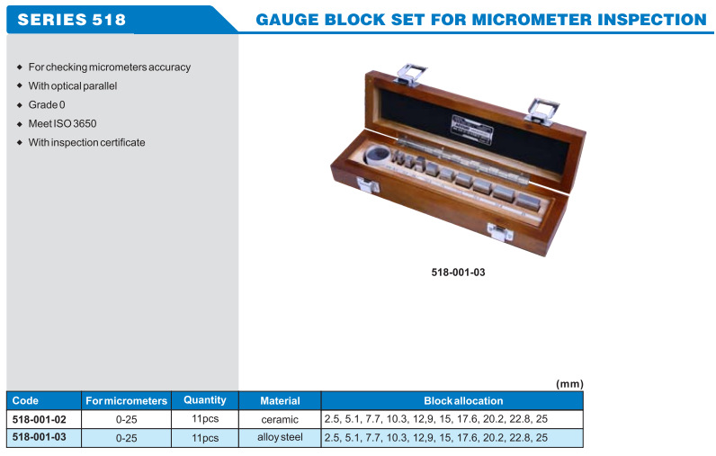 Accud Mikrometre Kontrolü İçin Mastar Seti 518 Serisi