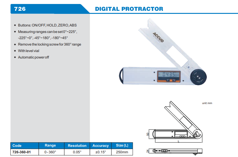 Accud Dijital Açı Ölçer 726 Serisi