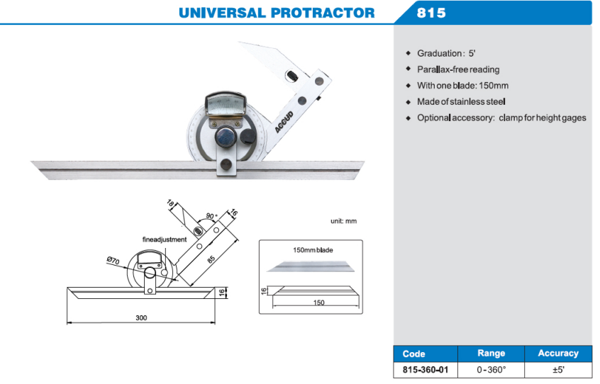 Accud Universal Açı Ölçer 815 Serisi Model Tablosu