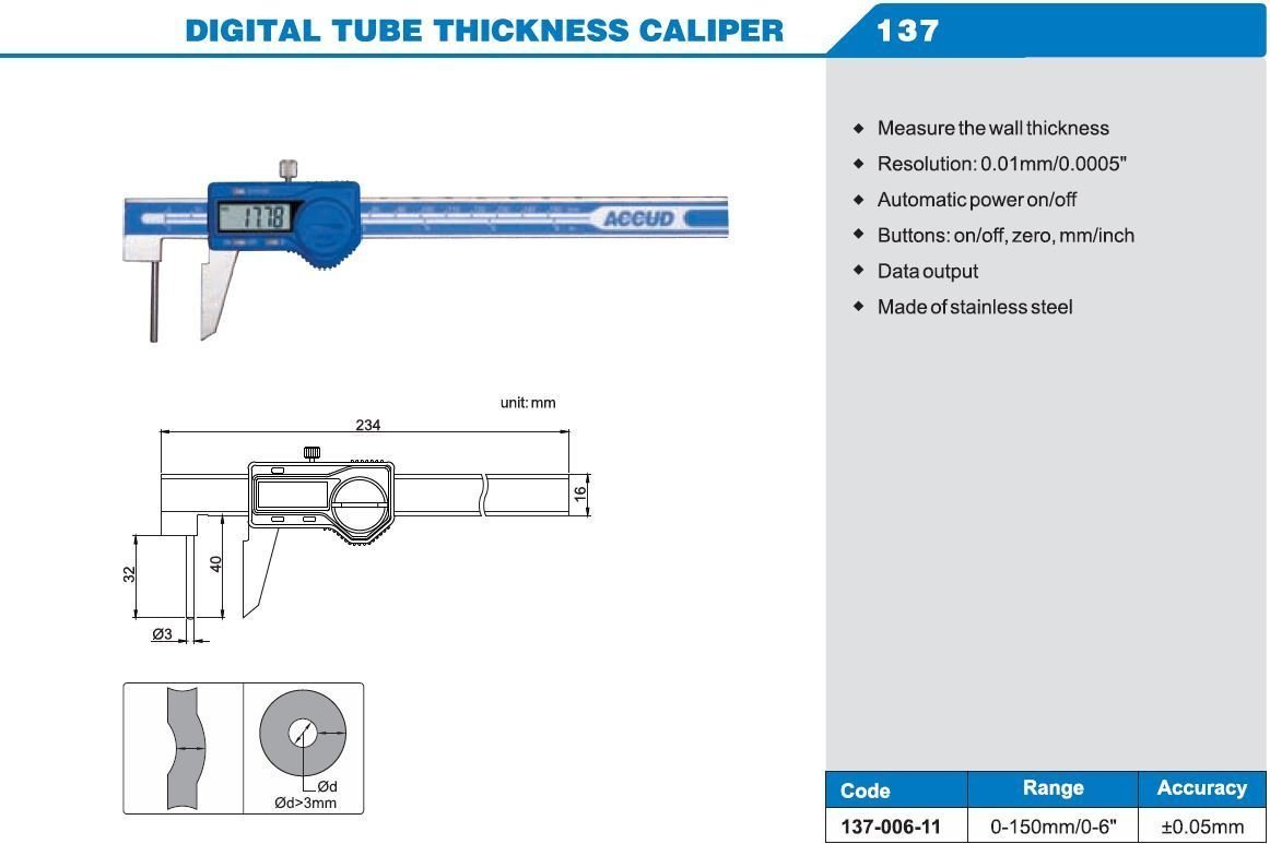 ACCUD 137-006-11 Dijital Et Kalınlığı Kumpası 150mm Model Tablosu