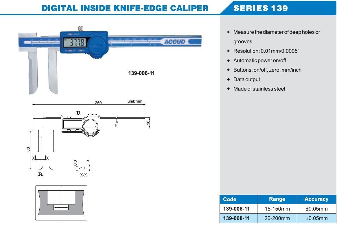 ACCUD Dijital Bıçak Ağızlı Kumpas 139-006-11 Tablo