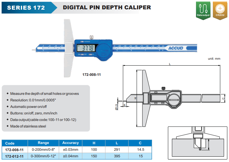 ACCUD Dijital Pimli Derinlik Kumpası 300mm | ACCUD 172-012-11 Model Tablosu