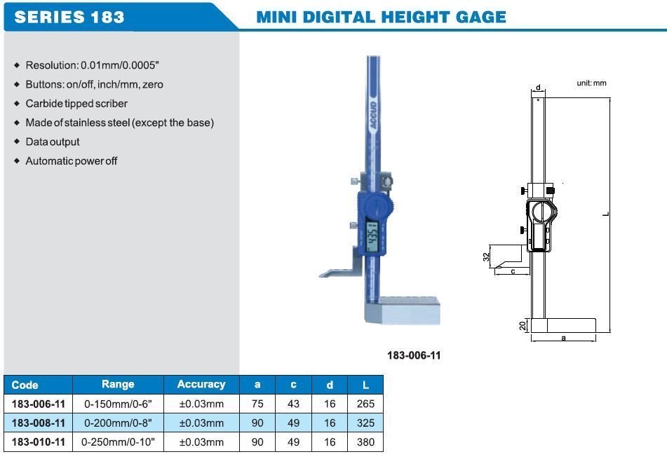 ACCUD Dijital Çift Sütunlu Mihengir 200mm | 183-008-11 Model Tablosu