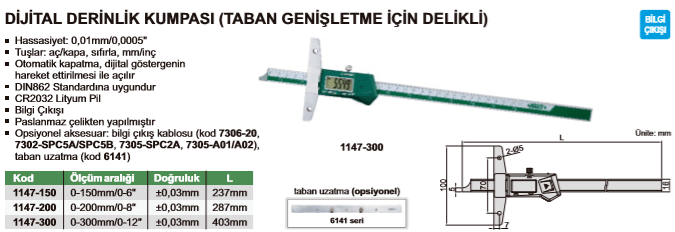 Insize Dijital Derinlik Kumpas 200 mm / 0.01 mm | 1147-200 Ürün Tablosu