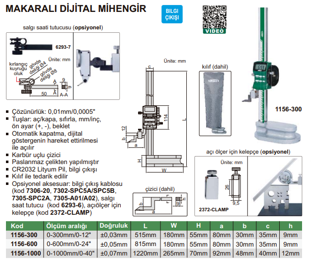 Insize Dijital Tek Sütunlu Makaralı Mihengir 0-600 mm , 0.01 mm 1156-600