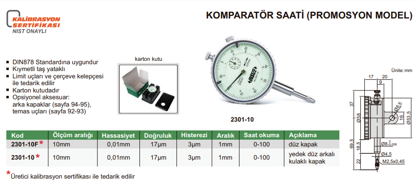 Insize Mekanik Komparatör Saati 10mm 2301-10