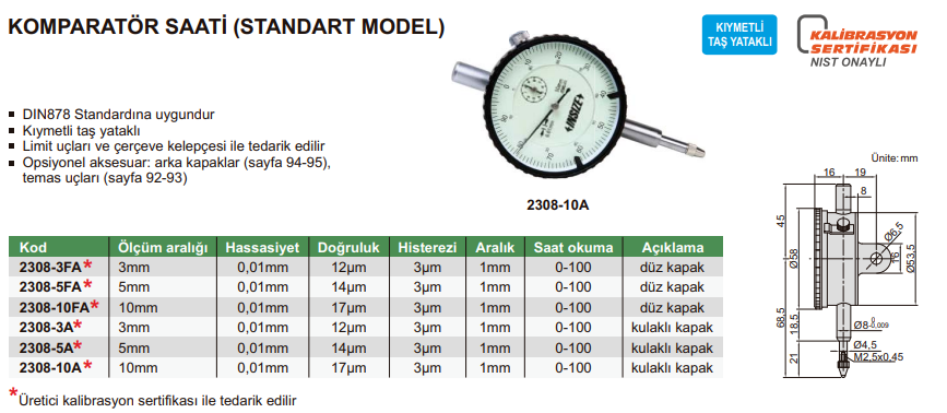 Insize Mekanik Komparatör Saati 5mm 2308-5A