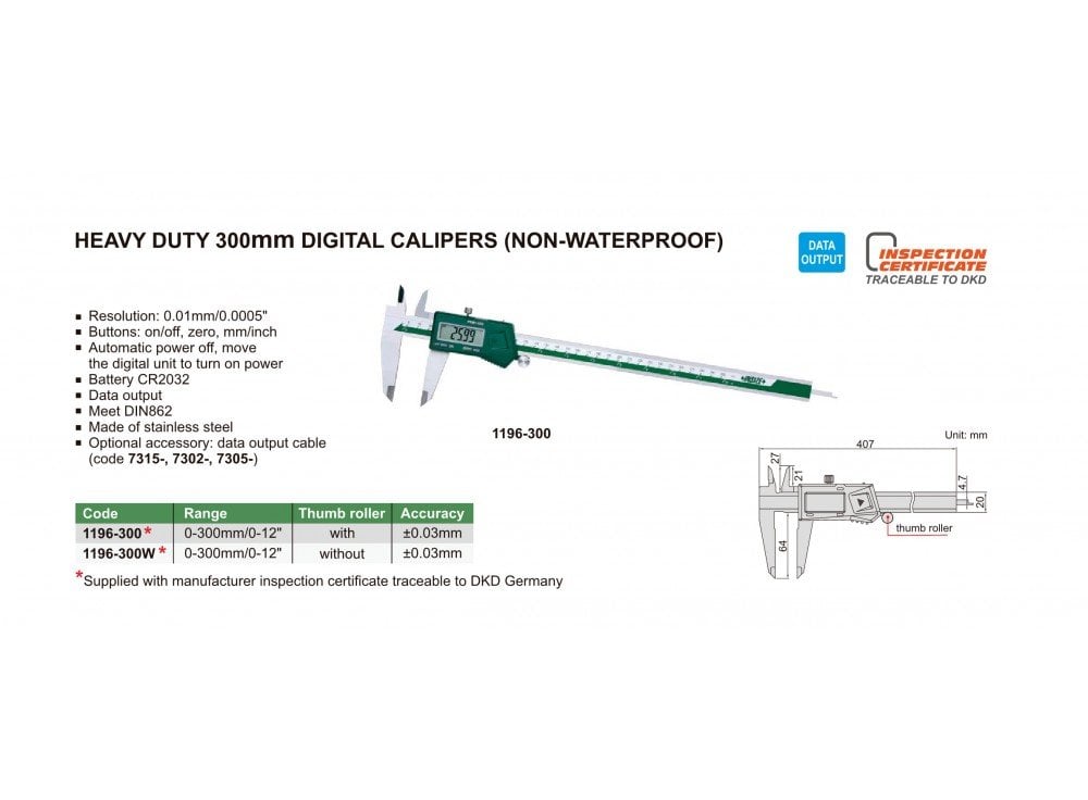 Insize 1196-300 Dijital Ağır İş Kumpası Ürün Tablosu 