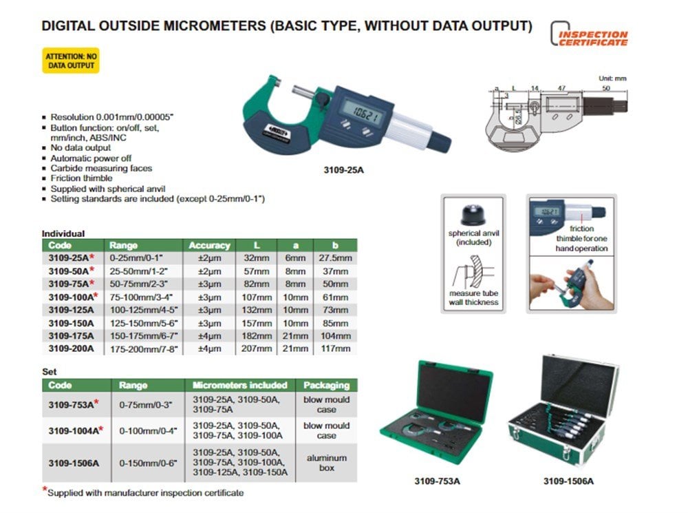 Insize Dijital Dış Çap Mikrometresi | 3109-25A Ürün Tablosu