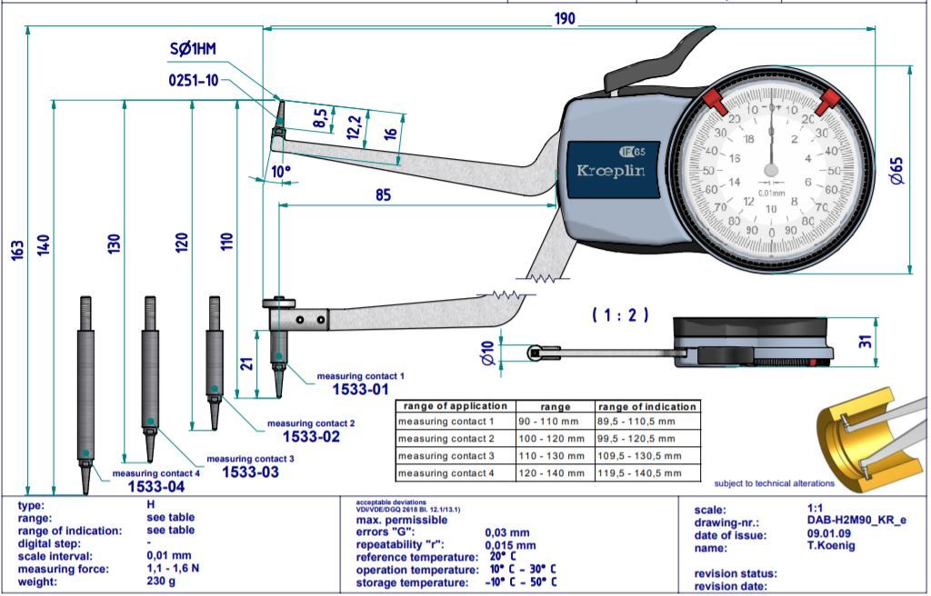 Kroeplin Mekanik İç Çap Kanal Komparatörü '90-140 mm' | H2M90 Resim-2