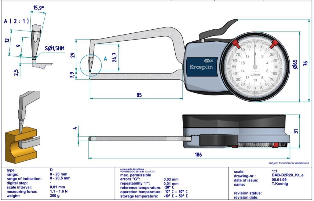 Kroeplin Mekanik Dış Çap Kanal Komparatörü '0-20 mm' | D2R20 Resim-3