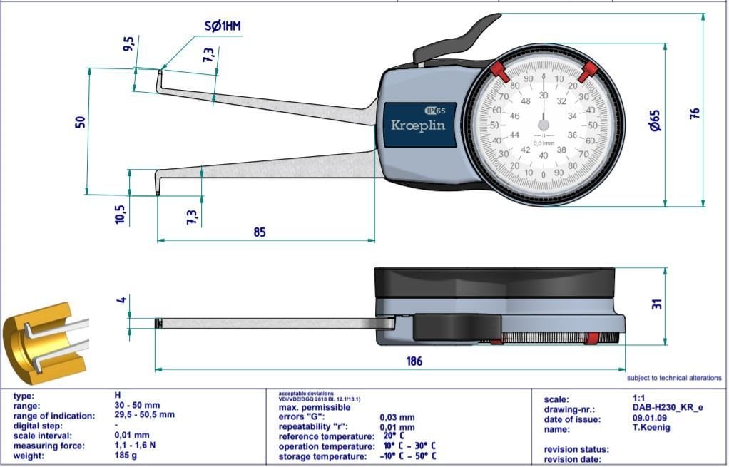 Kroeplin Mekanik İç Çap Kanal Komparatörü '30-50 mm' | H230 Resim-2