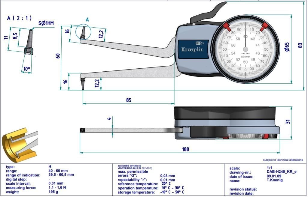 Kroeplin Mekanik İç Çap Kanal Komparatörü '40-60 mm' | H240 Resim-2