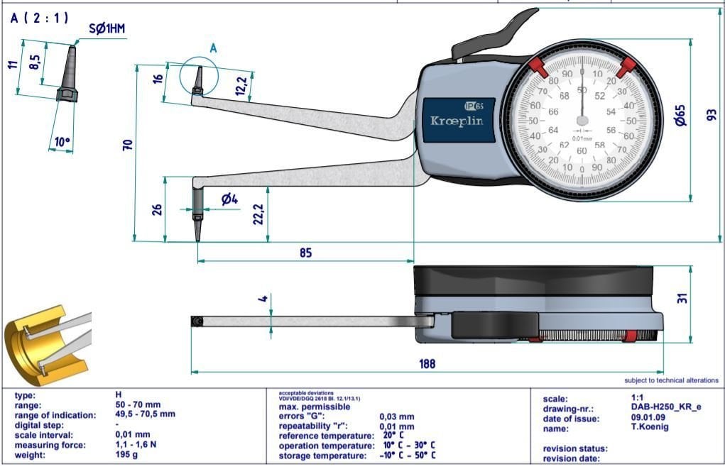 Kroeplin Mekanik İç Çap Kanal Komparatörü '50-70 mm' | H250 Resim