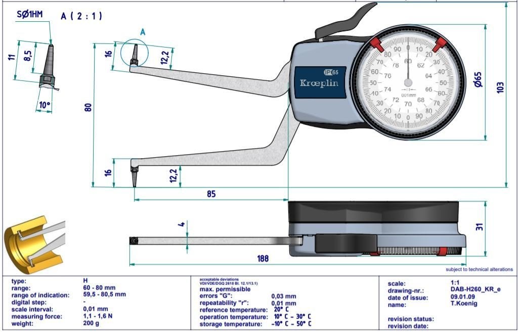 Kroeplin Mekanik İç Çap Kanal Komparatörü '60-80 mm' | H260 Resim-2