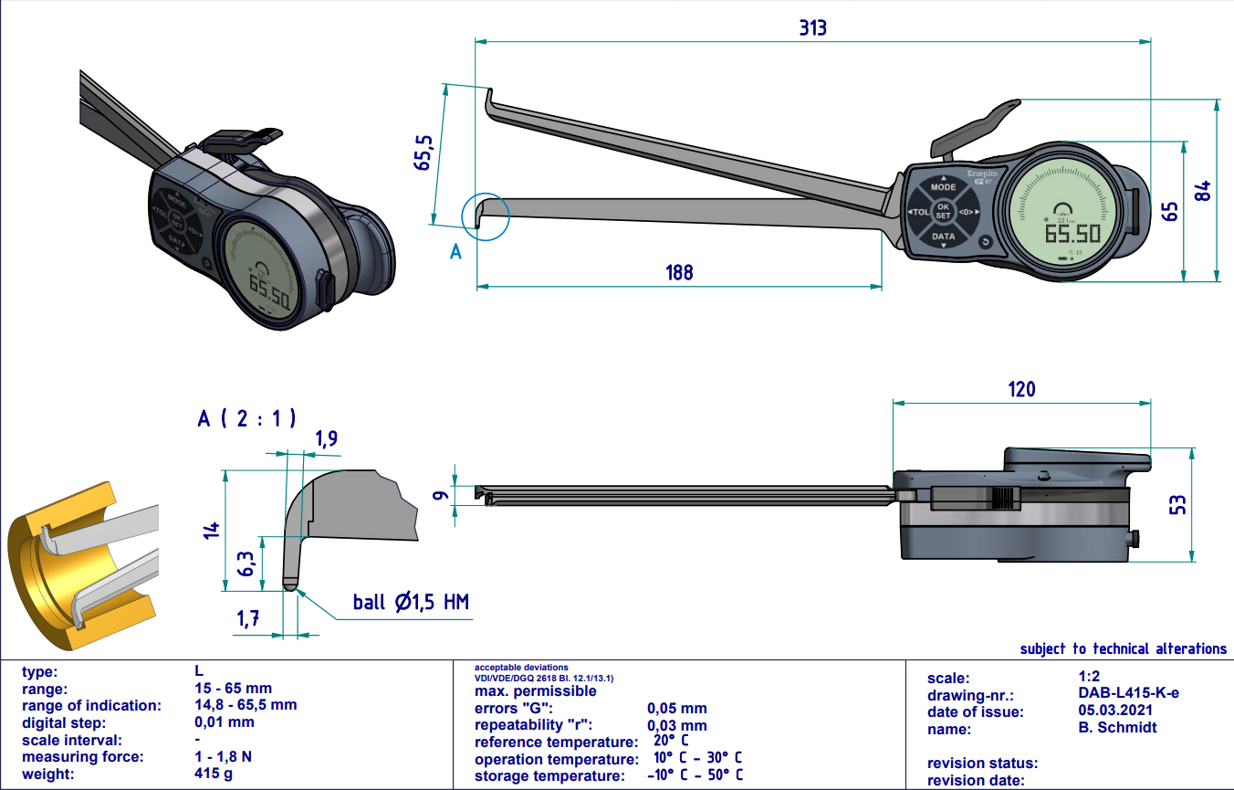 Kroeplin Dijital İç Çap Kanal Komparatörü '15-65 mm' | L415 Resim-3